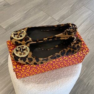 Tory Burch Leopard Print Flats with Gold Logo